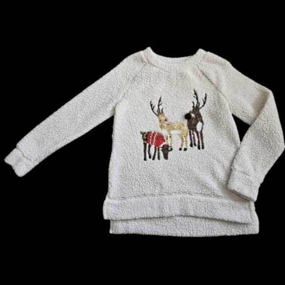 * ROCKIN’ AROUND White Plush Sherpa Fleece Sequined Reindeer Top Ladies MEDIUM - Picture 4 of 5